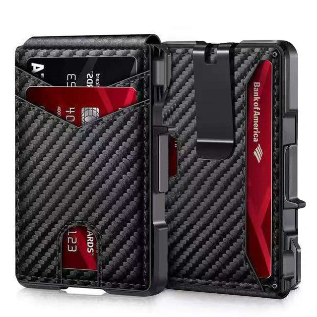 Pop-Up RFID Blocking Carbon Fiber/Leather Wallet